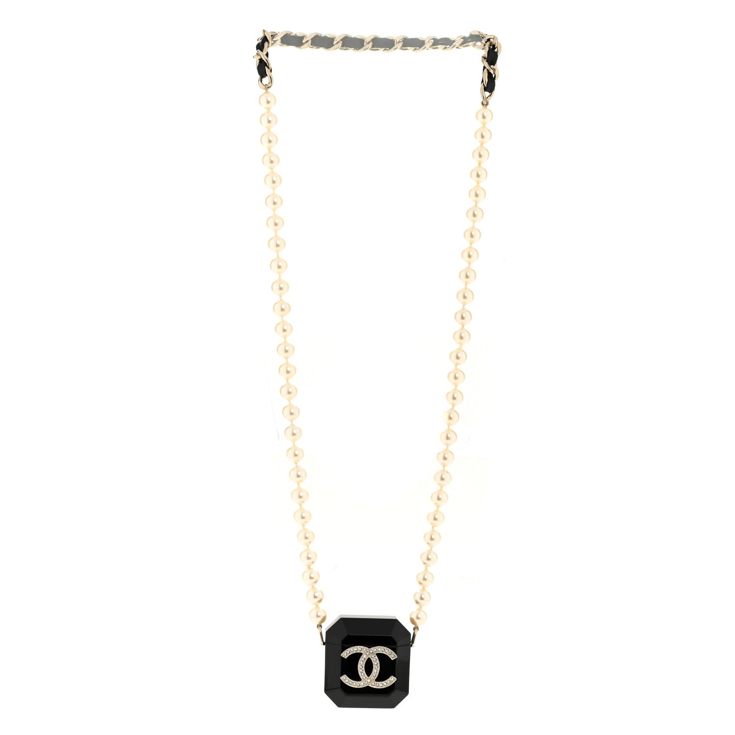 Chanel Resin Crystal Pearl Airpods Pro Holder Necklace Black Pearly White 3 of 7