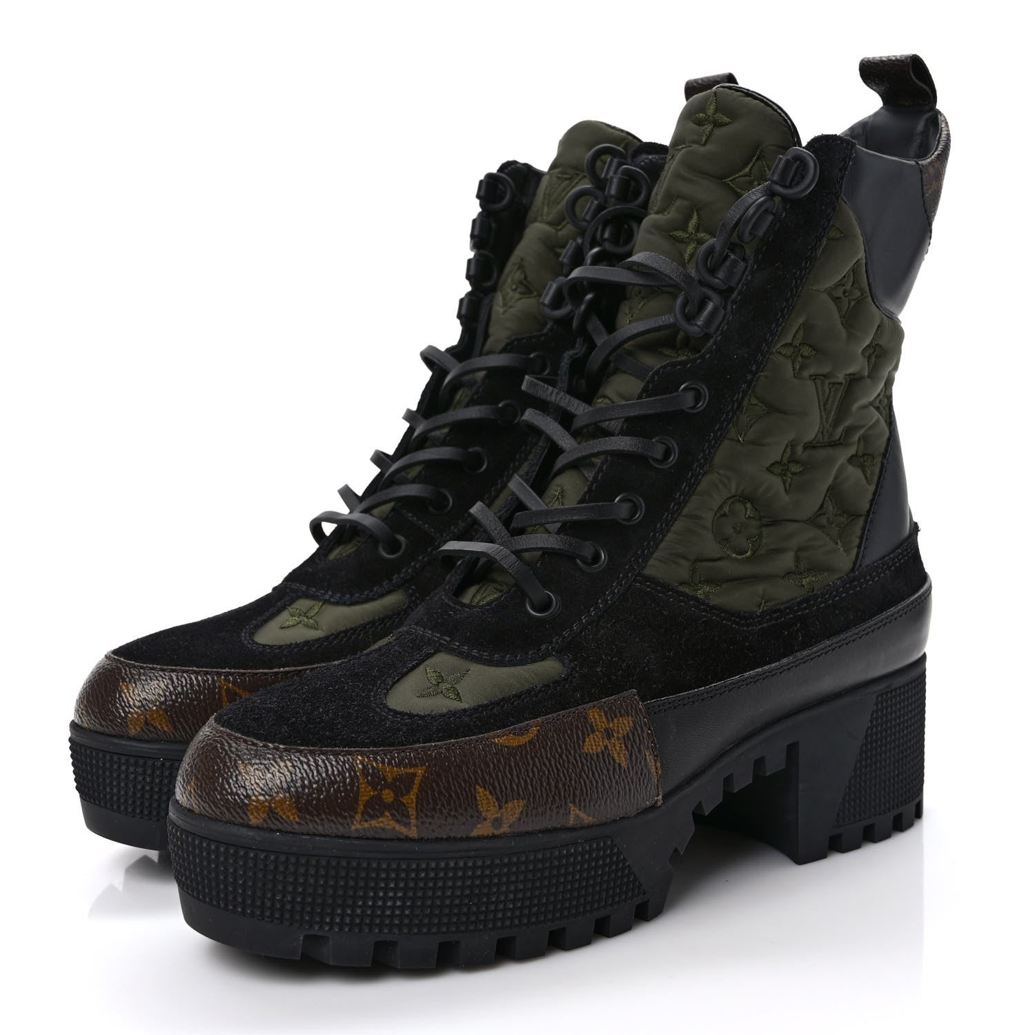 Louis Vuitton Nylon Embroidered Monogram Suede Laureate Platform Desert Boots 38.5 Kaki 3 of 8