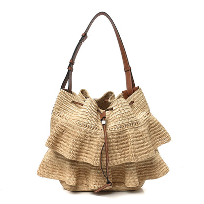Loewe Raffia Calfskin Paulas Ibiza Balloon Ruffle Basket Tote Bag Natural Tan 2 of 21
