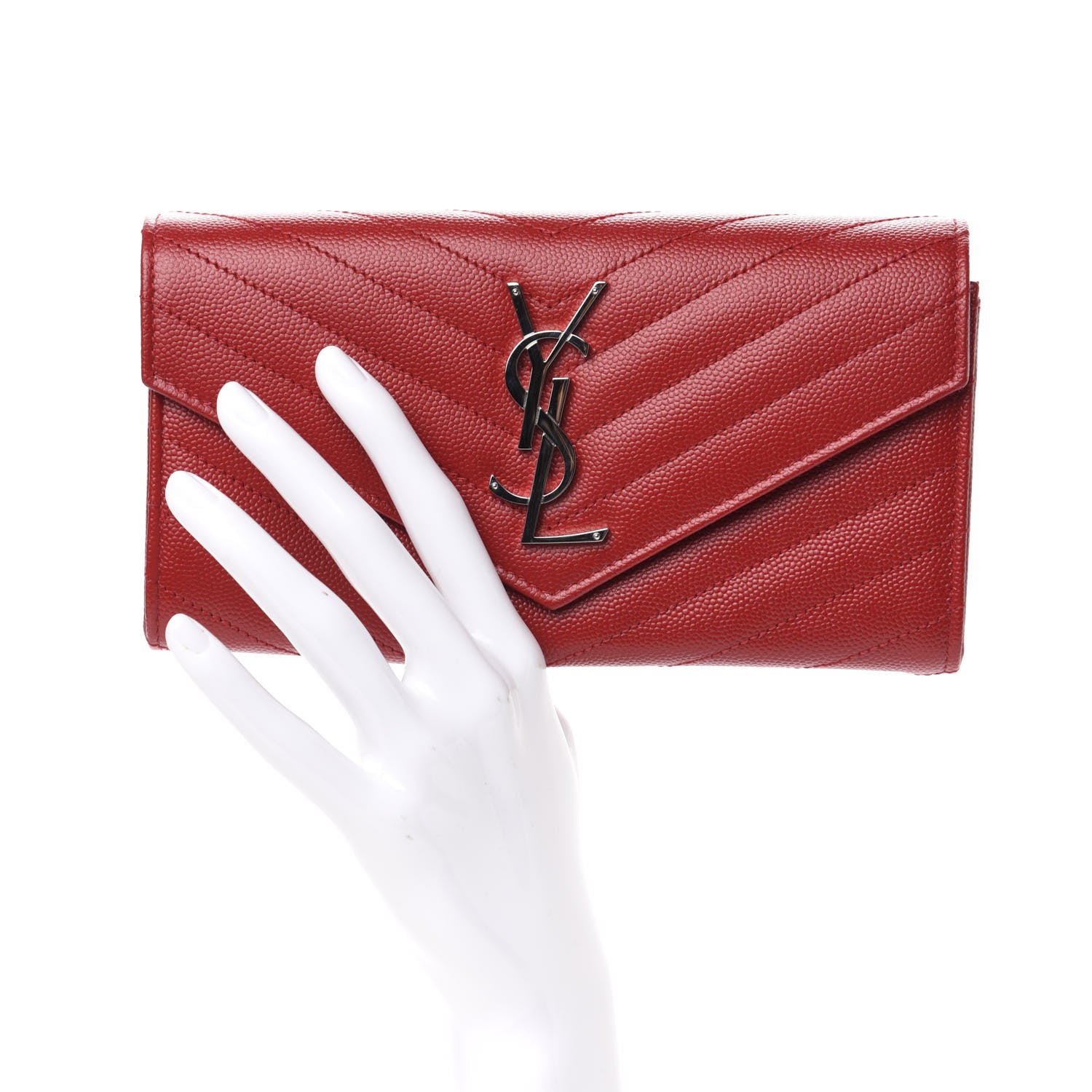 Saint Laurent Grain De Poudre Matelasse Chevron Monogram Flap Wallet Rouge Eros 2 of 6
