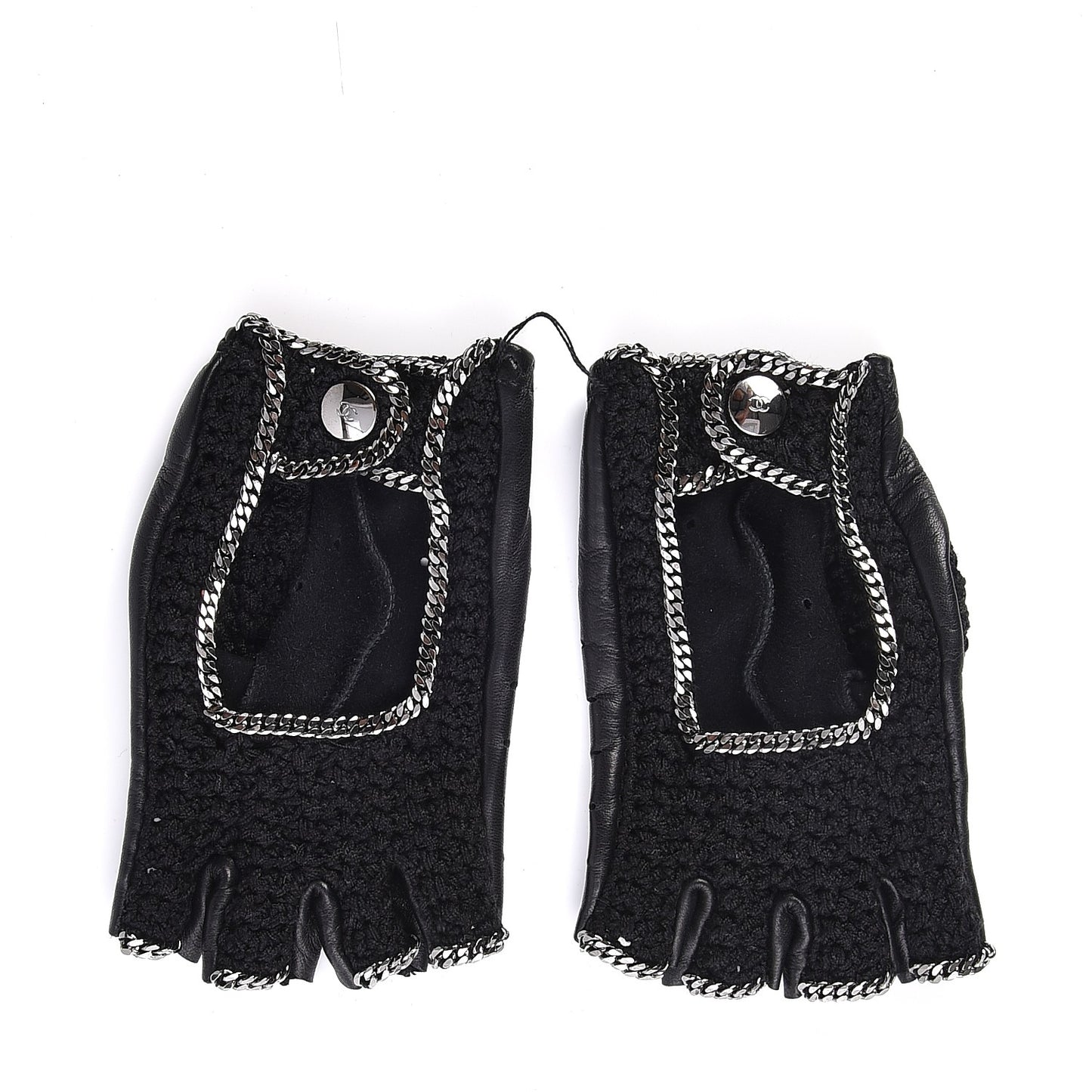Lambskin Crochet Chain CC Fingerless Gloves 7 Black