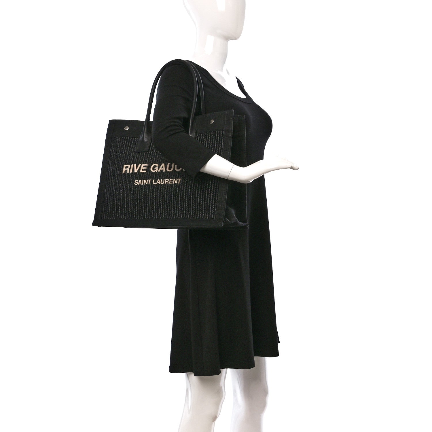 Saint Laurent Raffia Linen Calfskin Small Rive Gauche Tote Black 2 of 8