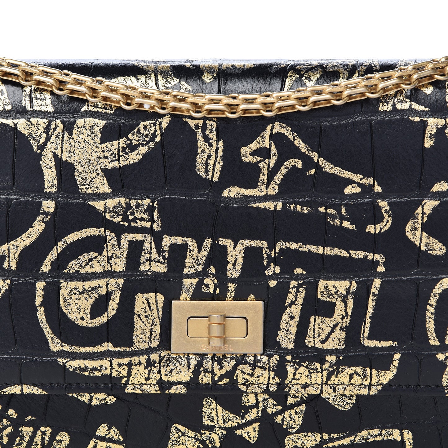 Calfskin Crocodile Embossed Graffiti 2.55 Cocodile Reissue Wallet On Chain WOC Black Gold