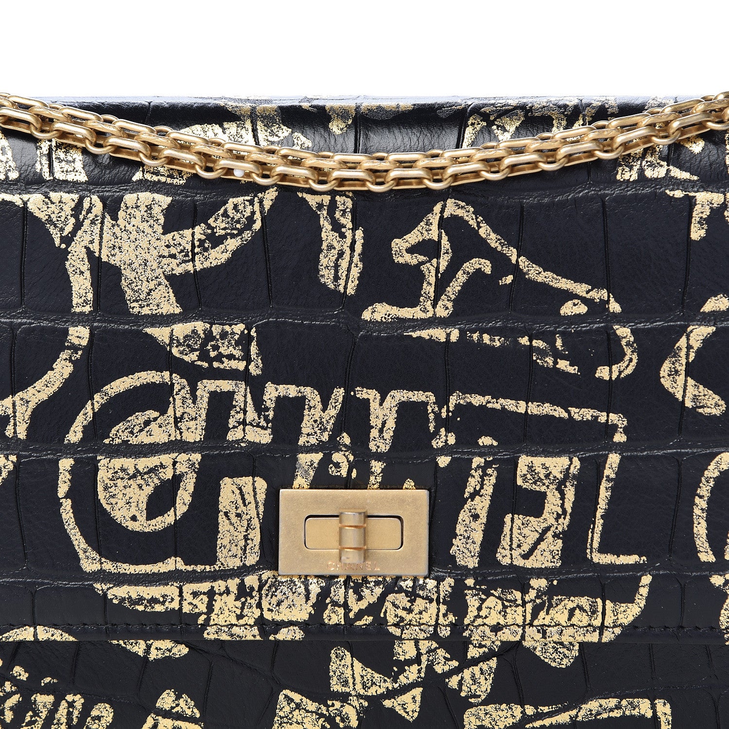 Chanel Calfskin Crocodile Embossed Graffiti 2.55 Cocodile Reissue Wallet On Chain WOC Black Gold 11 of 12