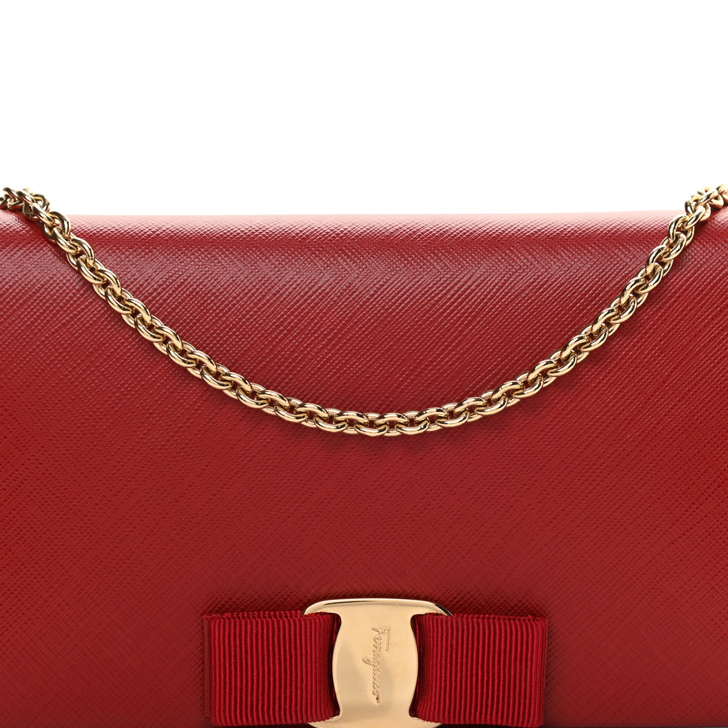 Hammered Calfskin Vara Bow Chain Wallet Red