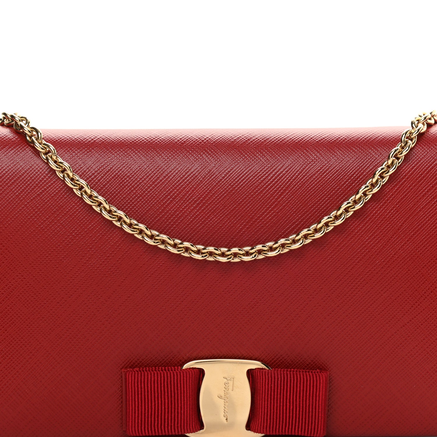 Salvatore Ferragamo Hammered Calfskin Vara Bow Chain Wallet Red 7 of 10