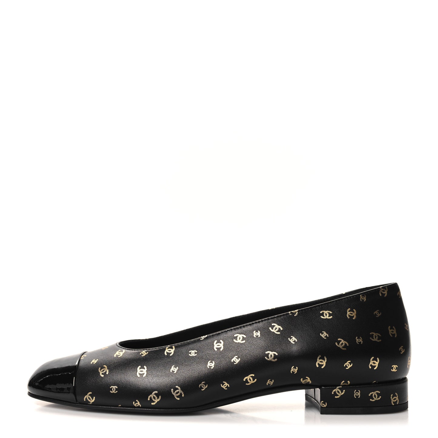 Lambskin Patent Calfskin Printed CC Cap Toe Ballerina Flats 38 Black Gold