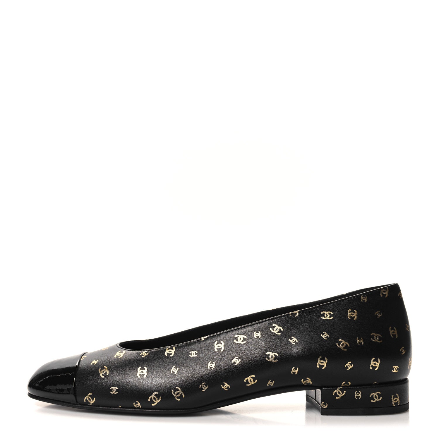 Chanel Lambskin Patent Calfskin Printed CC Cap Toe Ballerina Flats 38 Black Gold 1 of 9