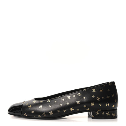Chanel Lambskin Patent Calfskin Printed CC Cap Toe Ballerina Flats 38 Black Gold 1 of 9