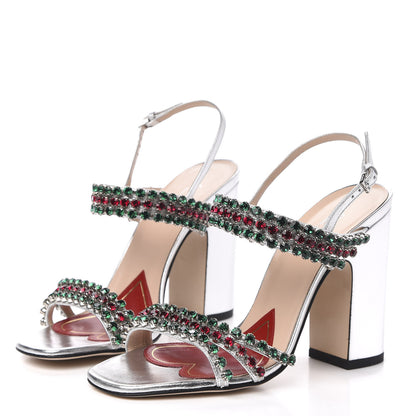 Gucci Nappa Silk Crystal Bertie High Heel Sandals 36 Argento 3 of 8