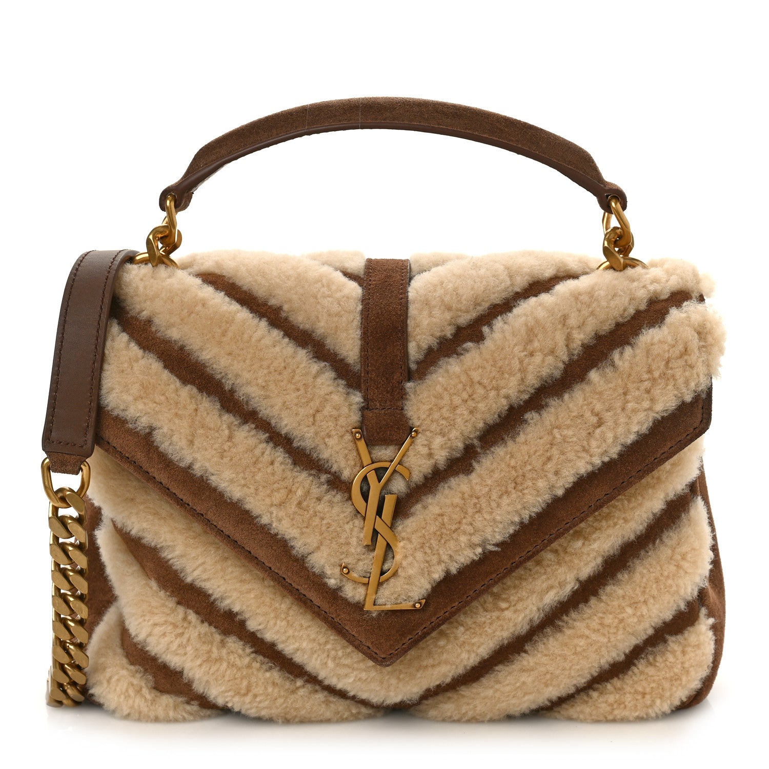 Saint Laurent Nubuck Shearling Chevron Monogram Medium College Bag Dark Cigar Natural Beige 1 of 8