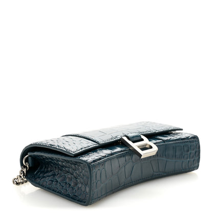 Balenciaga Shiny Calfskin Crocodile Embossed Hourglass Chain Bag Dark Petrol Blue 4 of 9