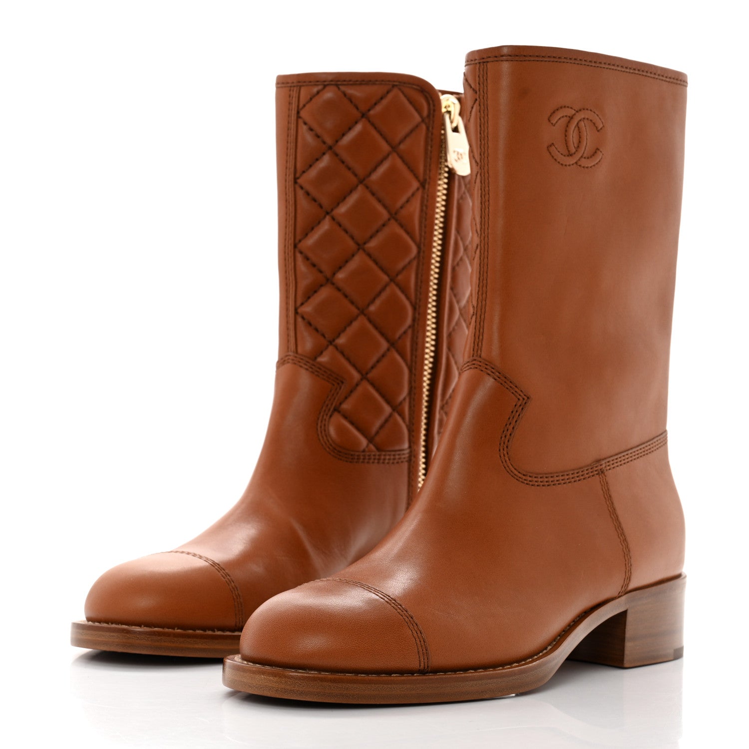 Chanel Calfskin CC Logo Mid Calf Boots 39 Caramel 3 of 9
