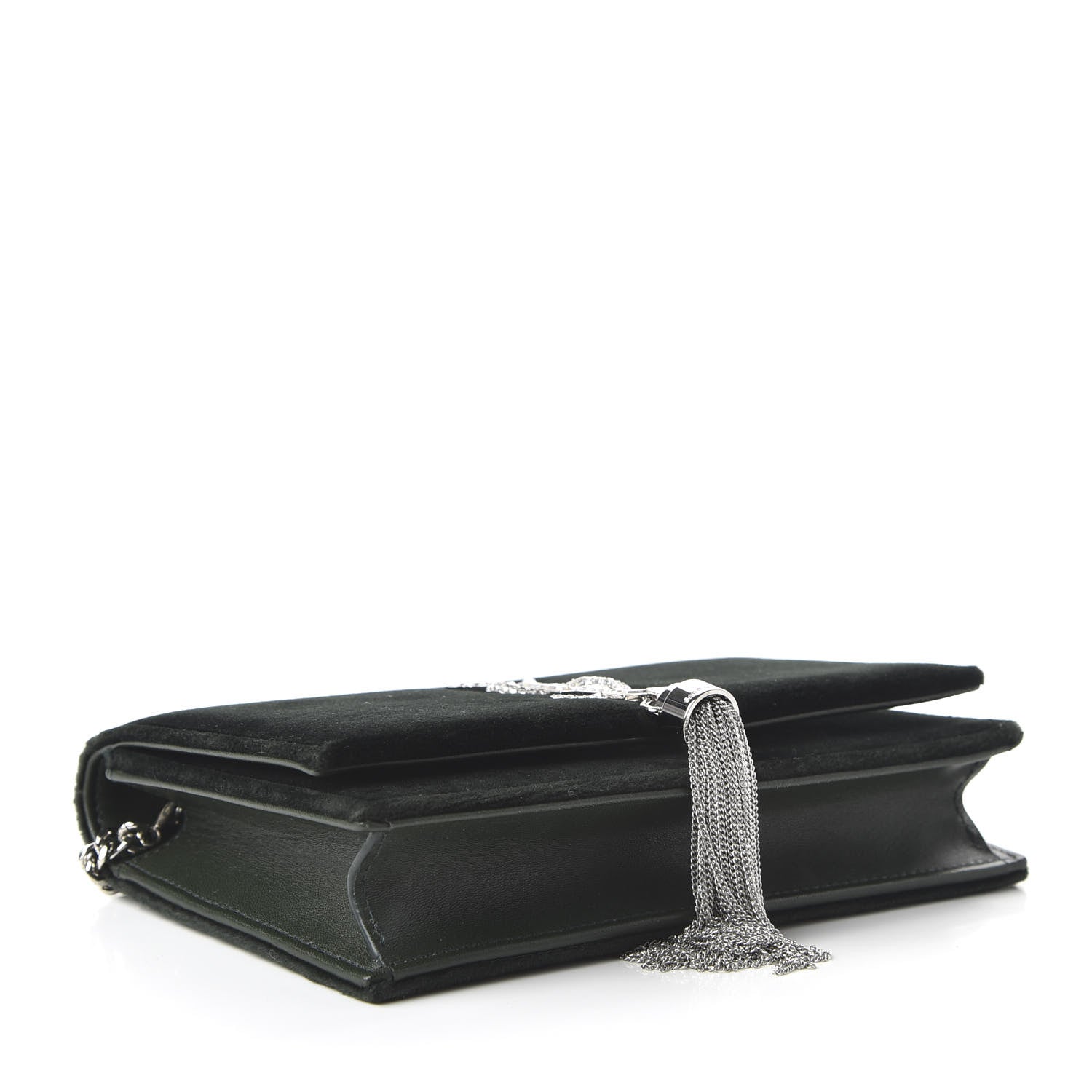 Saint Laurent Velvet Crystal Monogram Kate Tassel Chain Wallet Green 4 of 9