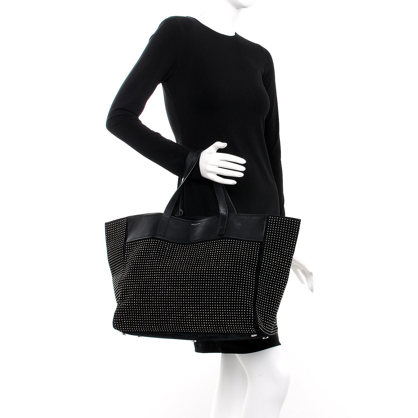 Calfskin Suede Studded Reversible East West Shopping Tote Black