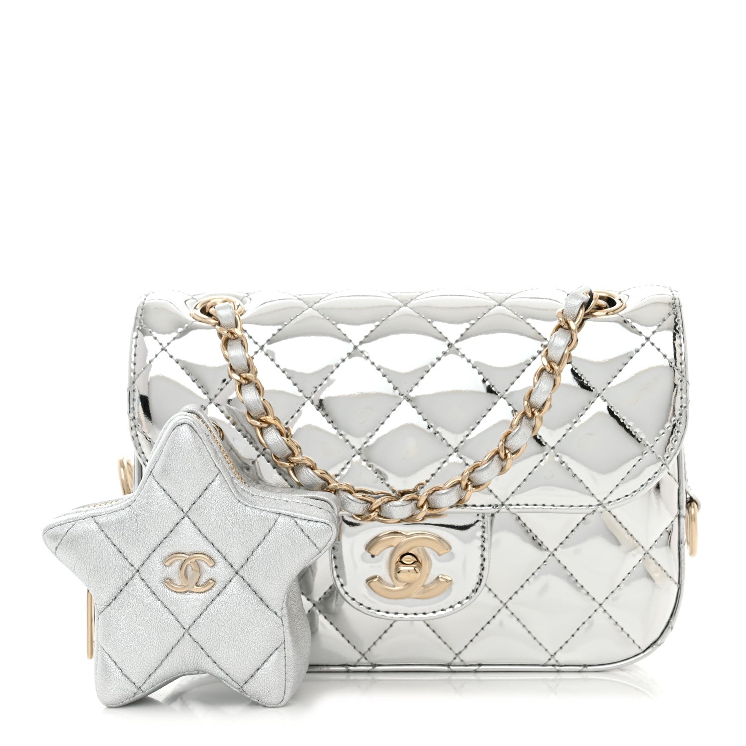 Chanel Mirror Calfskin Metallic Calfskin Quilted Hollywood Boulevard Mini Flap With Star Coin Purse Silver 1 of 12