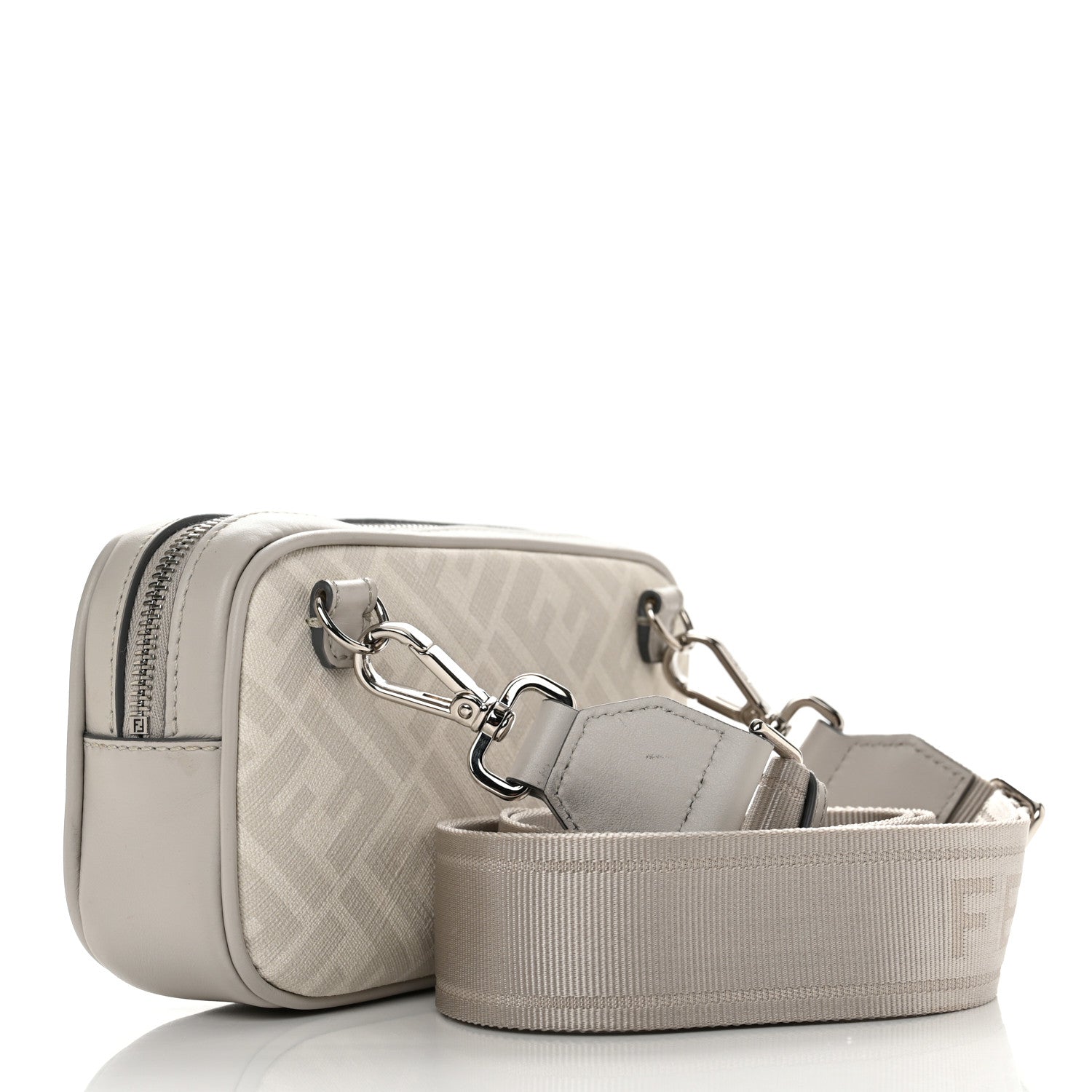 Fendi Shiny Glazed Fabric Vitello Cover FF 1974 Logo Small Camera Case Perla Ghiaia 3 of 13