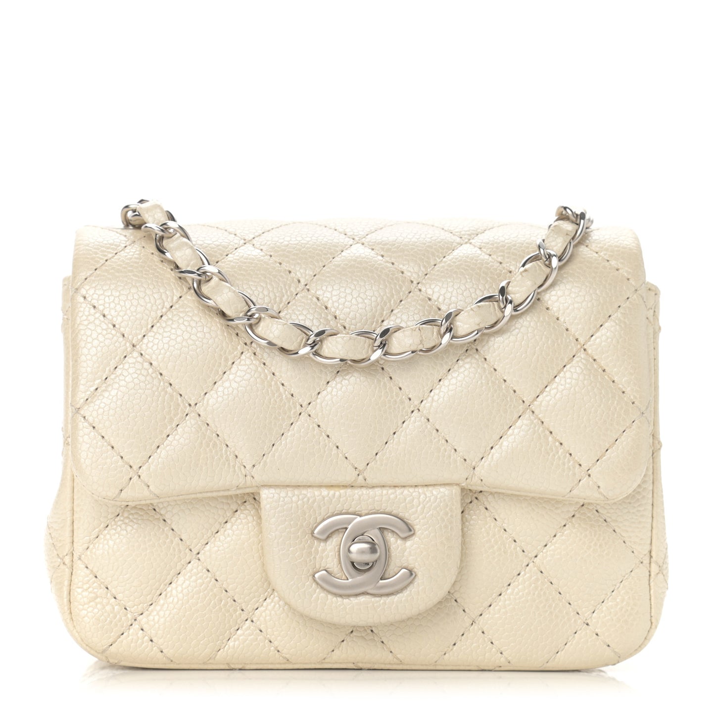 Iridescent Caviar Quilted Mini Square Flap White