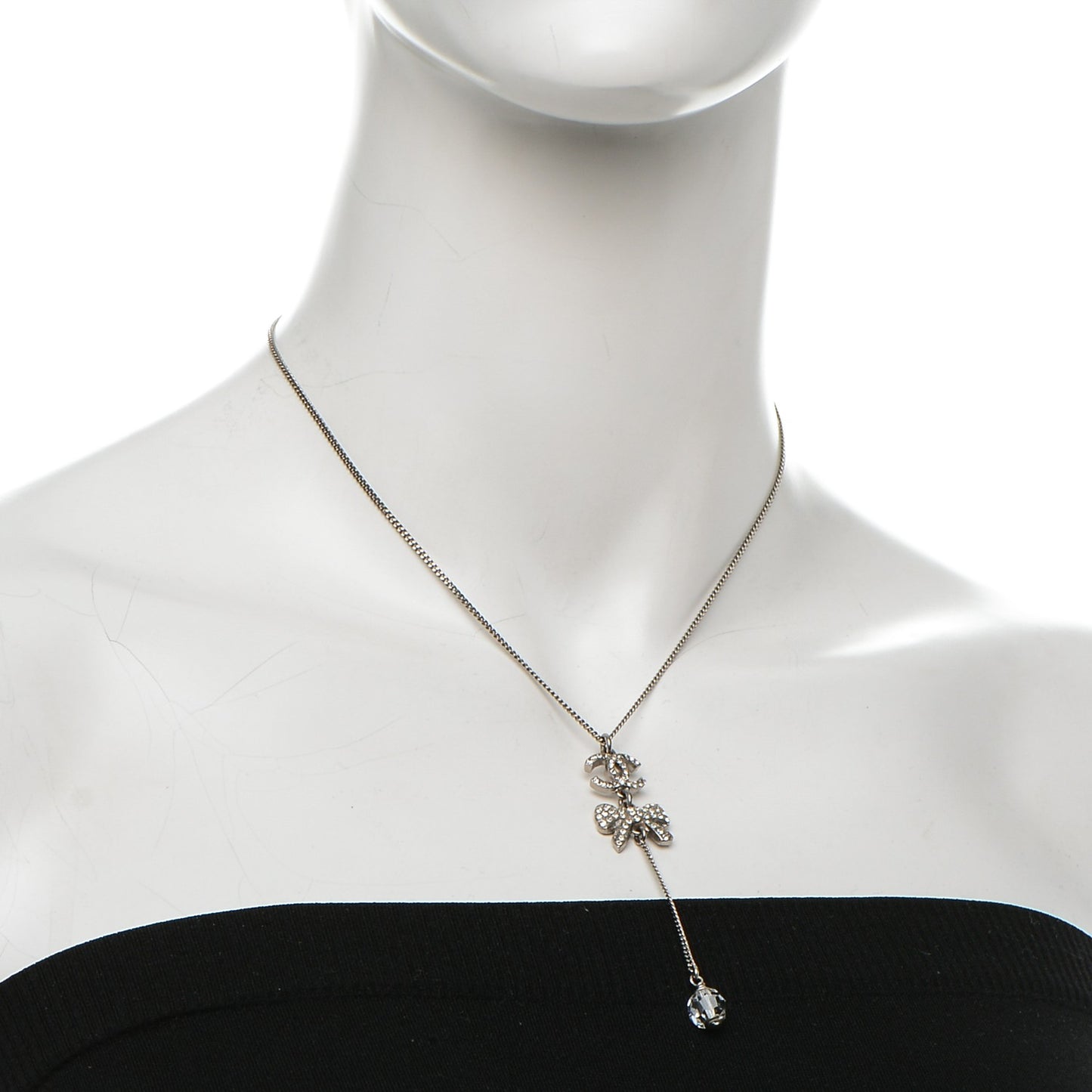 Crystal CC Bow Drop Necklace Silver