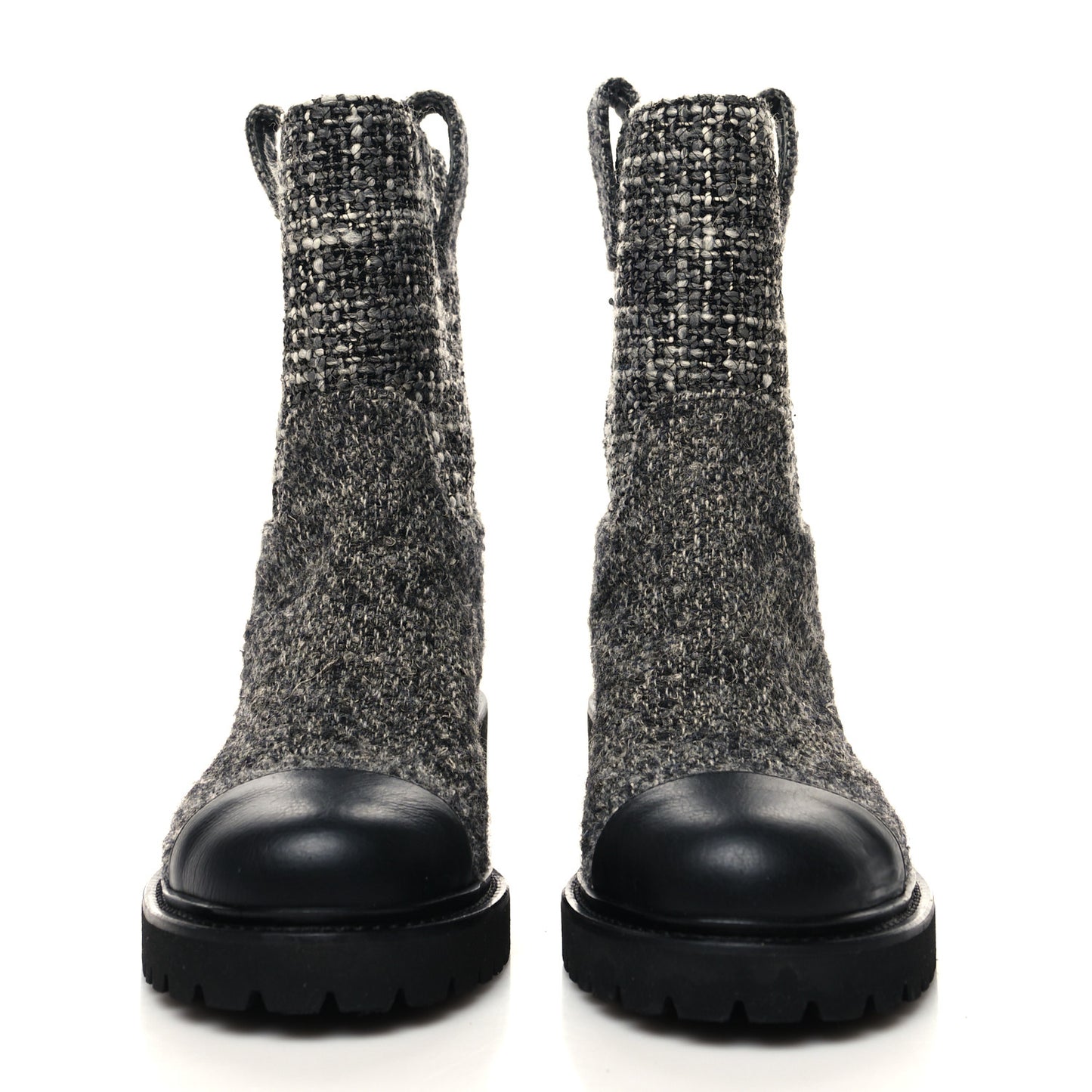 Wool Tweed CC Cap Toe Ankle Boots 36 Black Grey