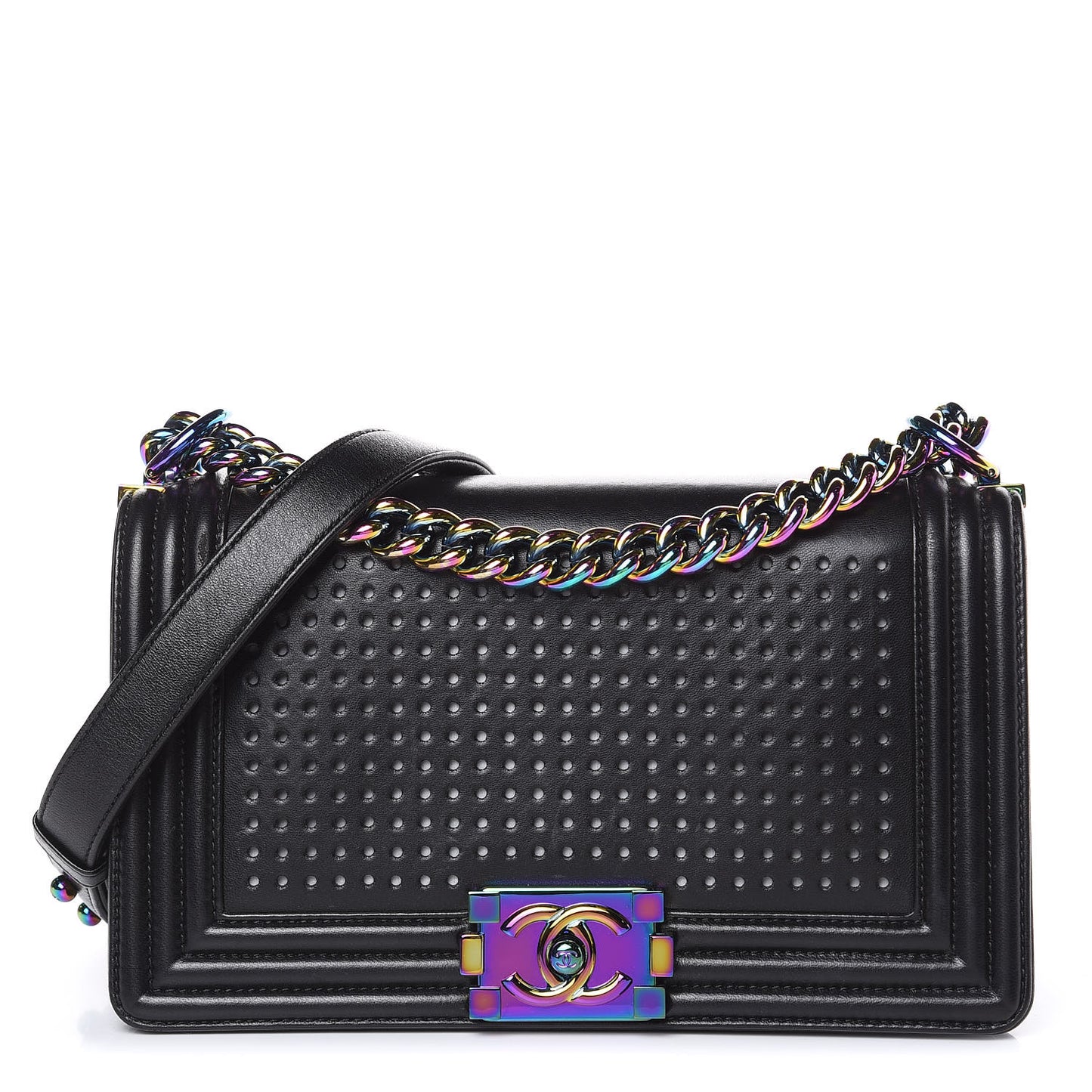 Lambskin LED Iridescent Metal Medium Boy Flap Black Multicolor