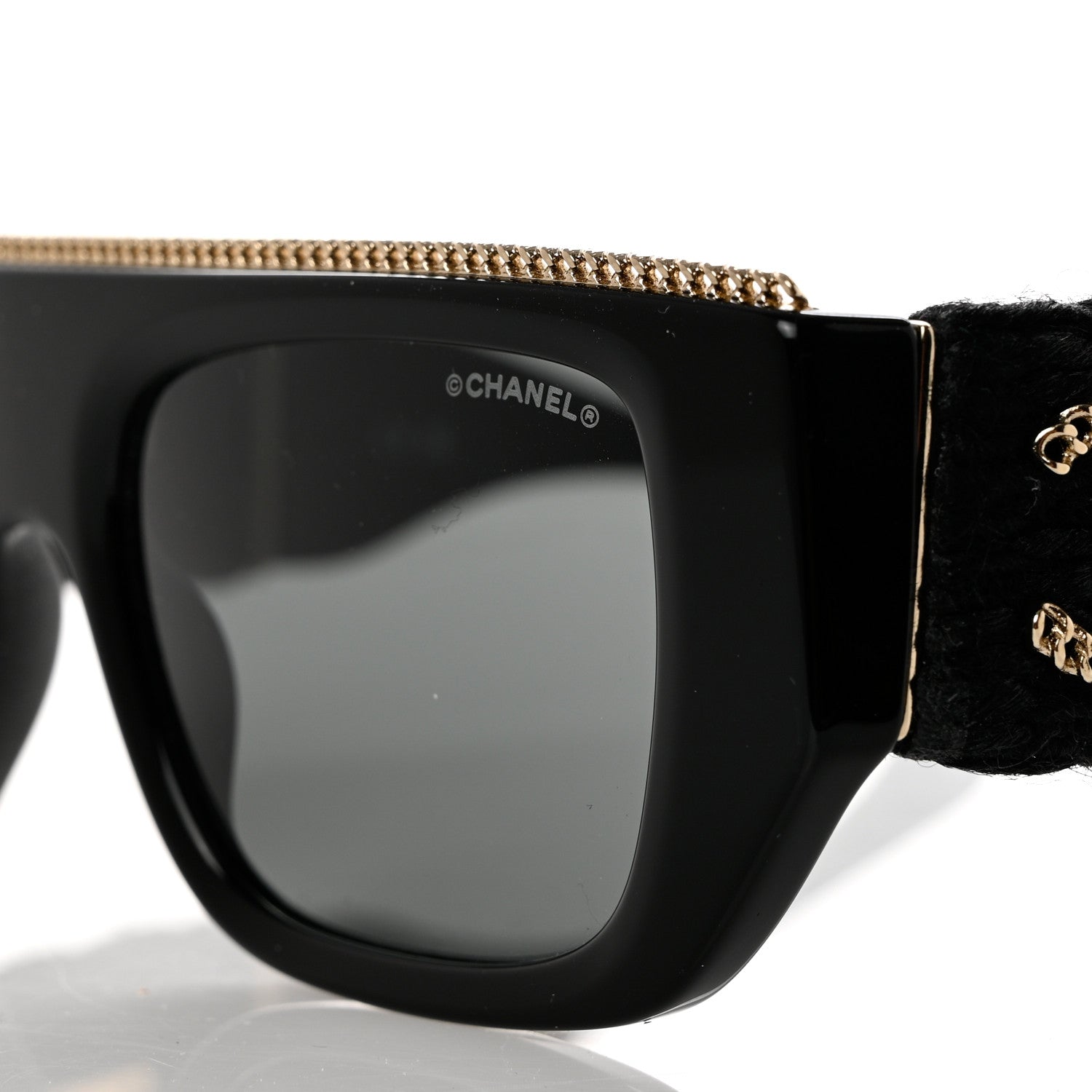 Chanel Acetate Tweed Wool CC Chain Rectangle Sunglasses 71549 Black 7 of 8