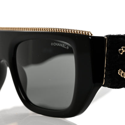 Chanel Acetate Tweed Wool CC Chain Rectangle Sunglasses 71549 Black 7 of 8