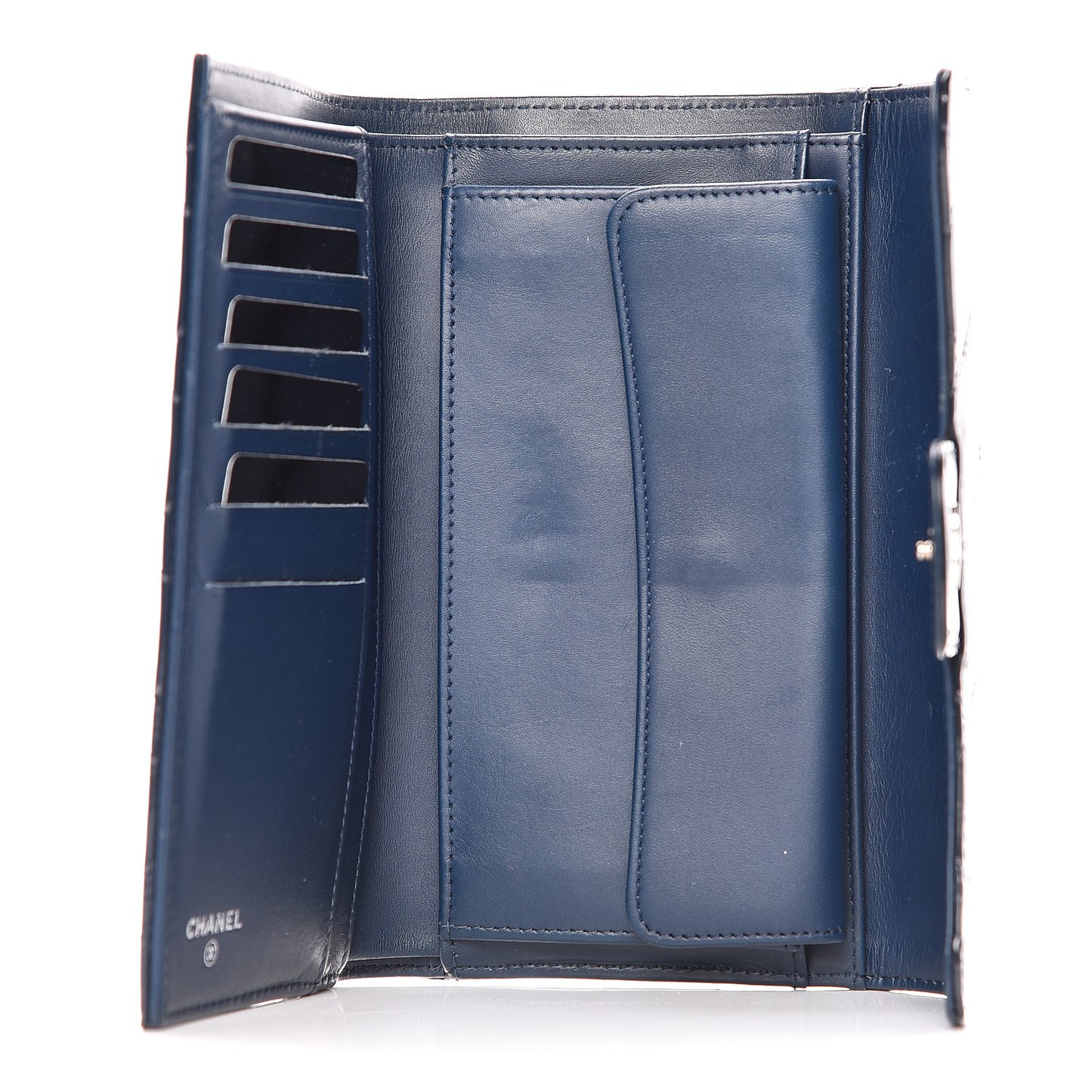 Patent Calfskin Quilted Large Flap Wallet Blue