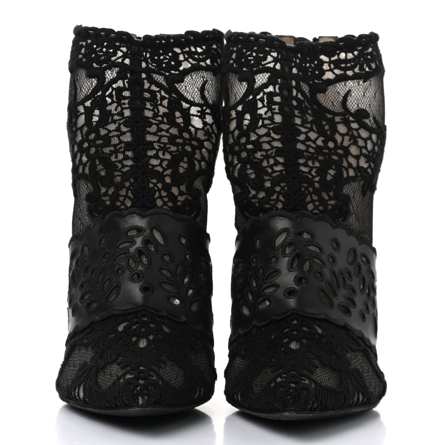 Calfskin Lace Tulle Pointed Toe Ankle Boots 39.5 Black