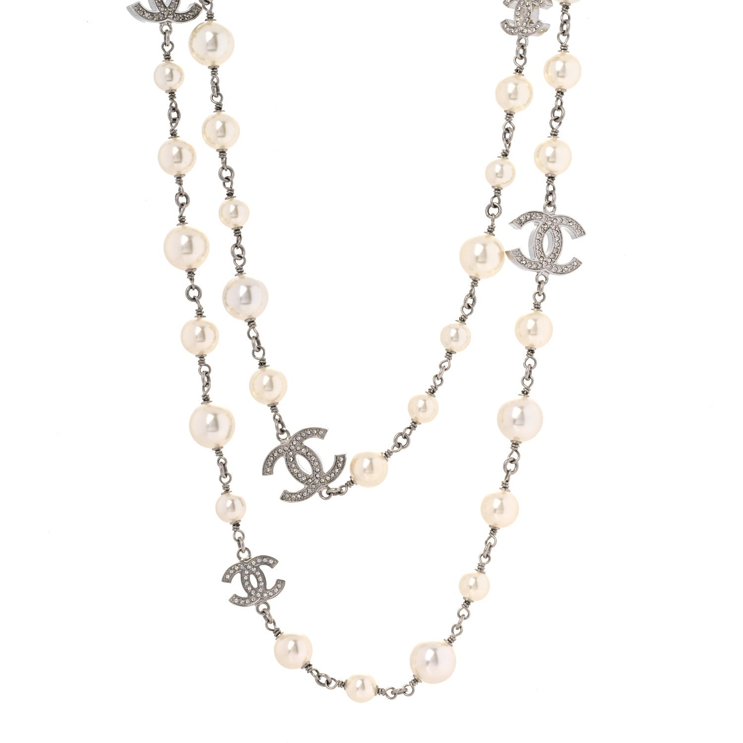Chanel Graduated Pearl Crystal CC Long Necklace Silver 1 of 5