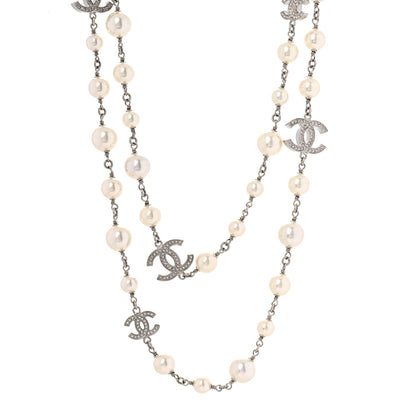 Chanel Graduated Pearl Crystal CC Long Necklace Silver 1 of 5