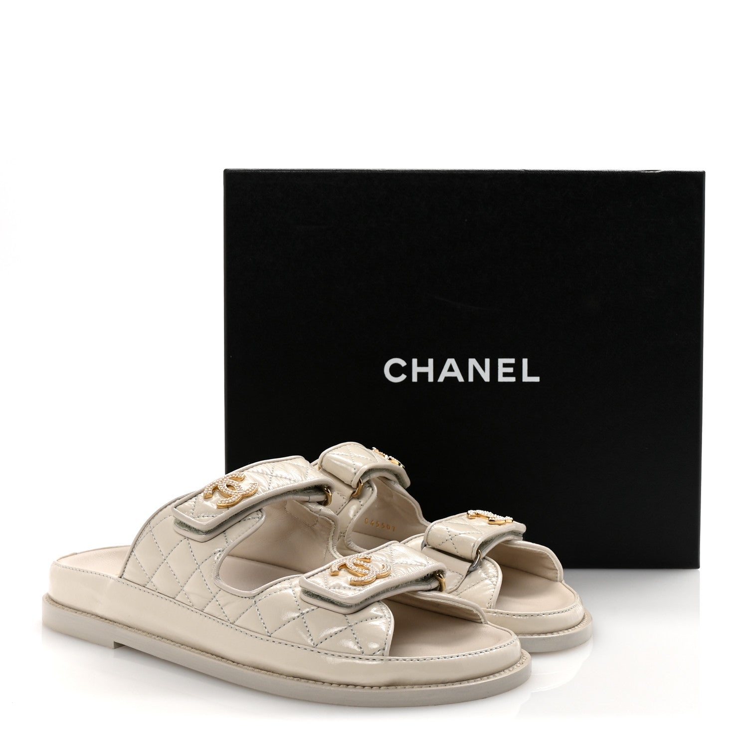 Chanel Shiny Calfskin Quilted Velcro Dad Pearl CC Slide Sandals 39.5 Light Beige 10 of 10