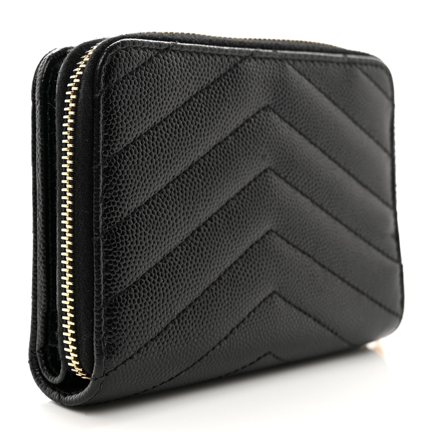 SAINT LAURENT Grain De Poudre Matelasse Chevron Monogram Compact Zip Around Wallet Black