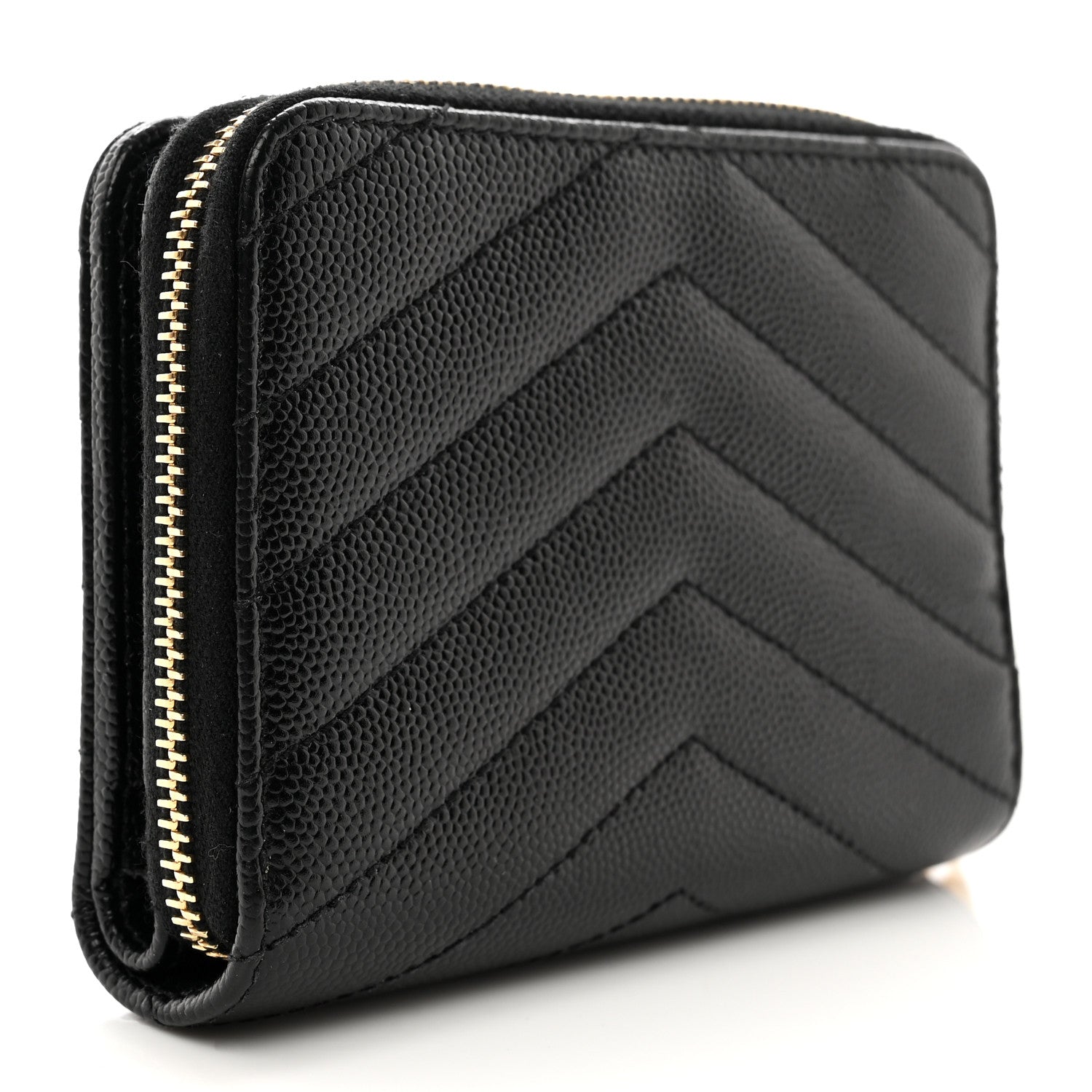 Saint Laurent SAINT LAURENT Grain De Poudre Matelasse Chevron Monogram Compact Zip Around Wallet Black 3 of 8
