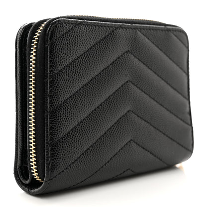 Saint Laurent SAINT LAURENT Grain De Poudre Matelasse Chevron Monogram Compact Zip Around Wallet Black 3 of 8