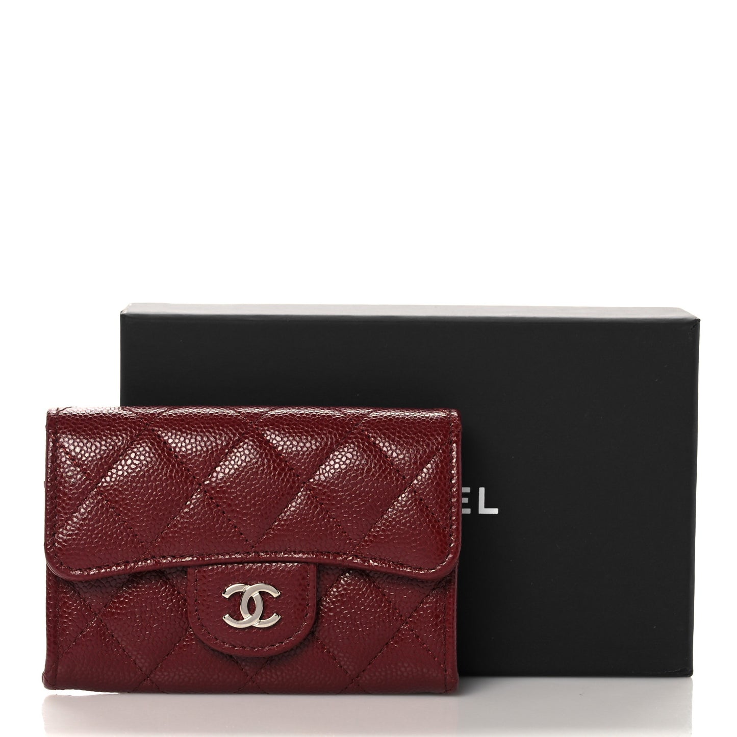 Caviar Quilted Flap Card Holder Wallet Burgundy