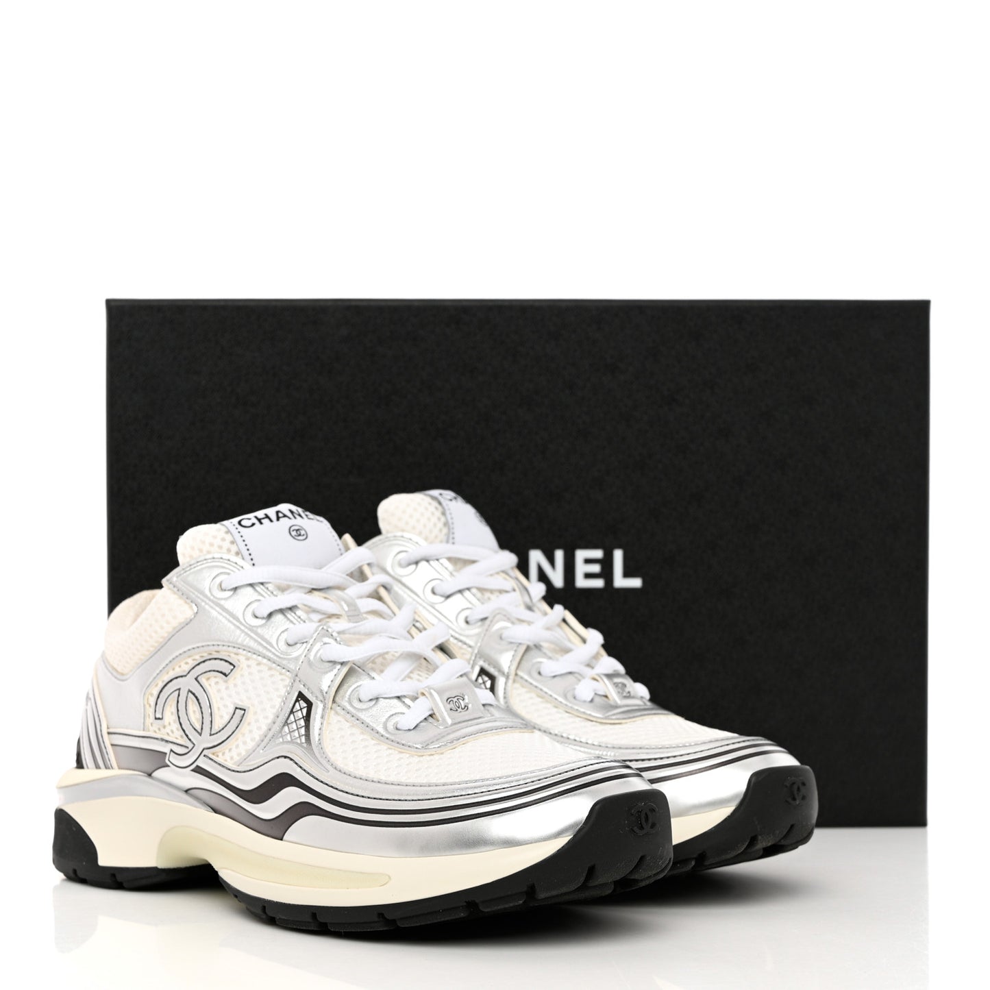 Fabric Laminated Calfskin Stretch CC Sneakers 38 White Silver