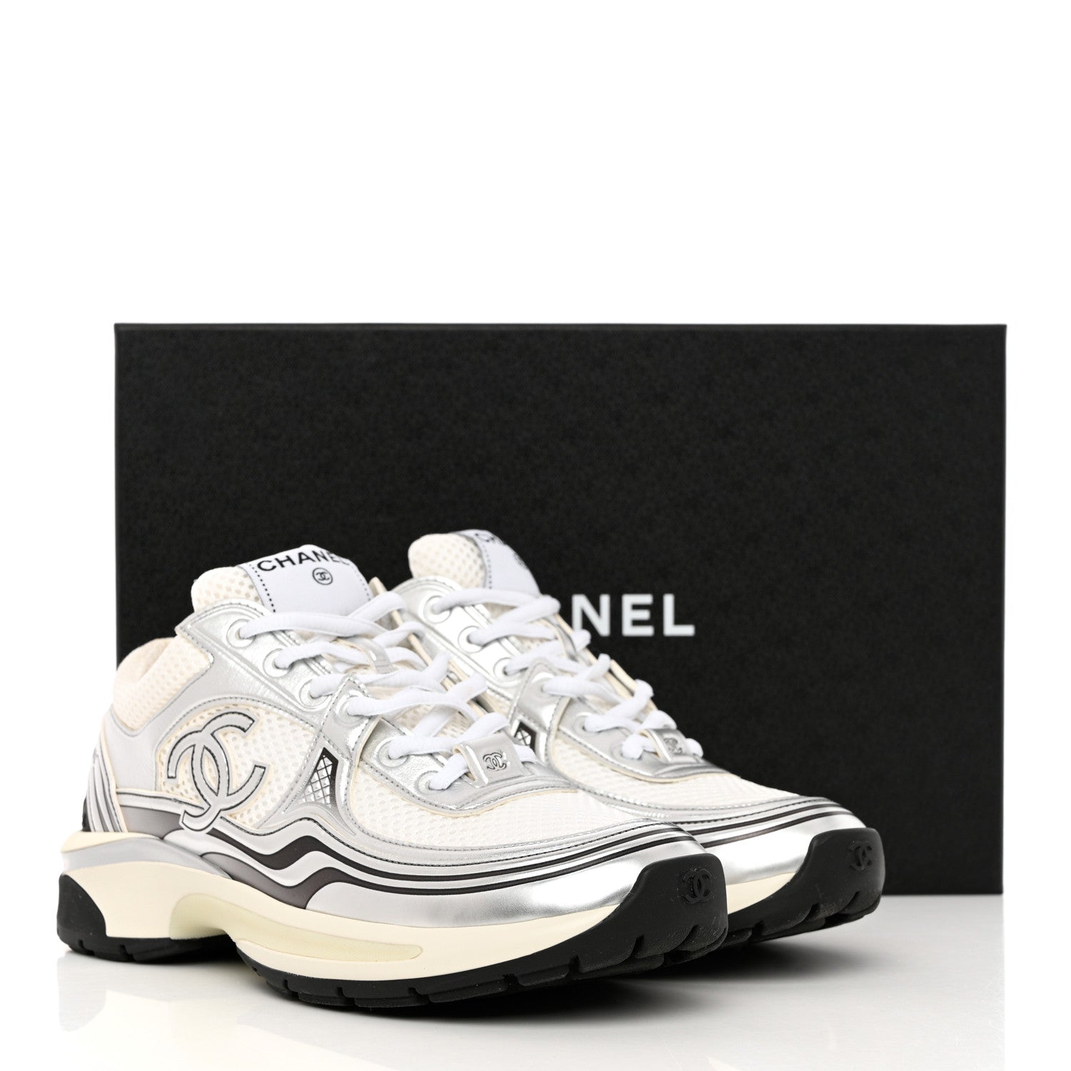 Chanel Fabric Laminated Calfskin Stretch CC Sneakers 38 White Silver 11 of 11