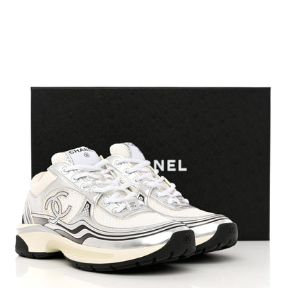 Chanel Fabric Laminated Calfskin Stretch CC Sneakers 38 White Silver 11 of 11