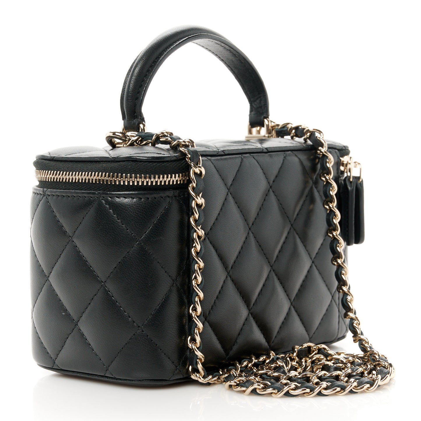 Lambskin Quilted Small Top Handle Vanity Case With Chain Black
