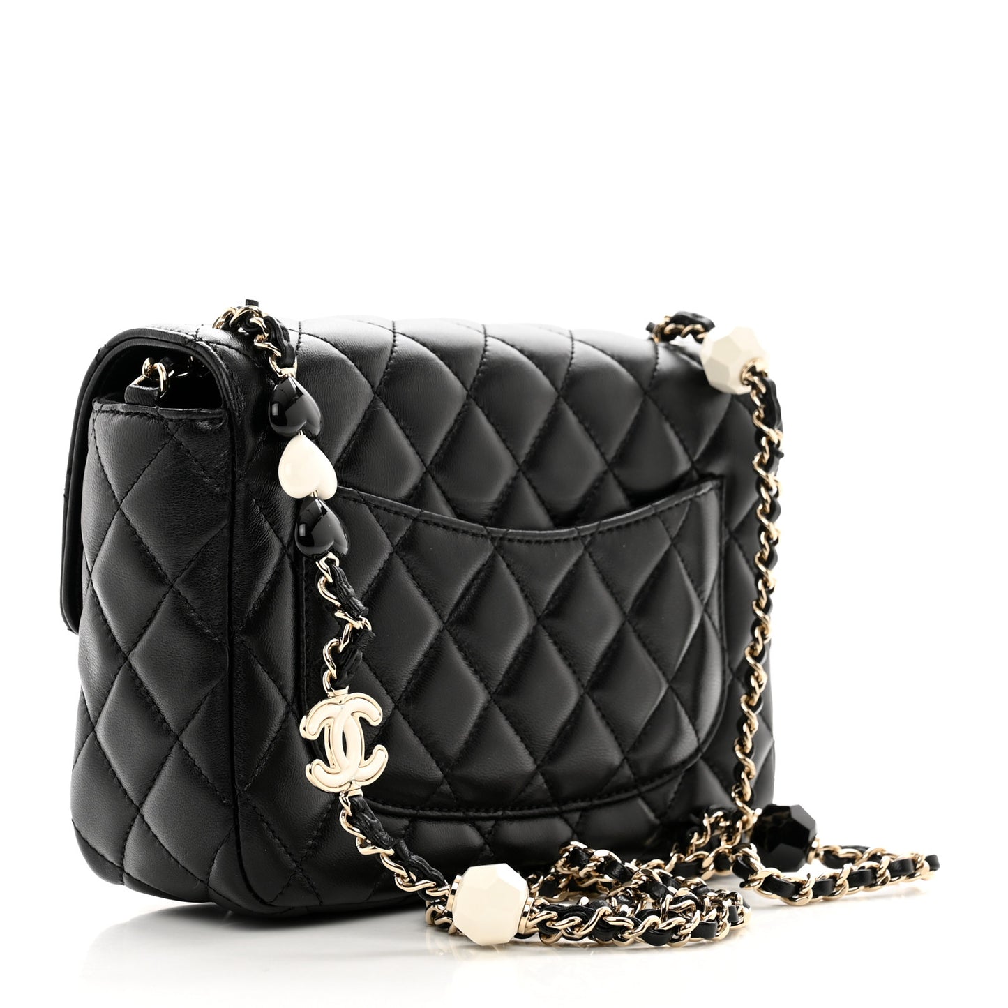 Lambskin Resin Quilted Mini Heart Square Flap Black