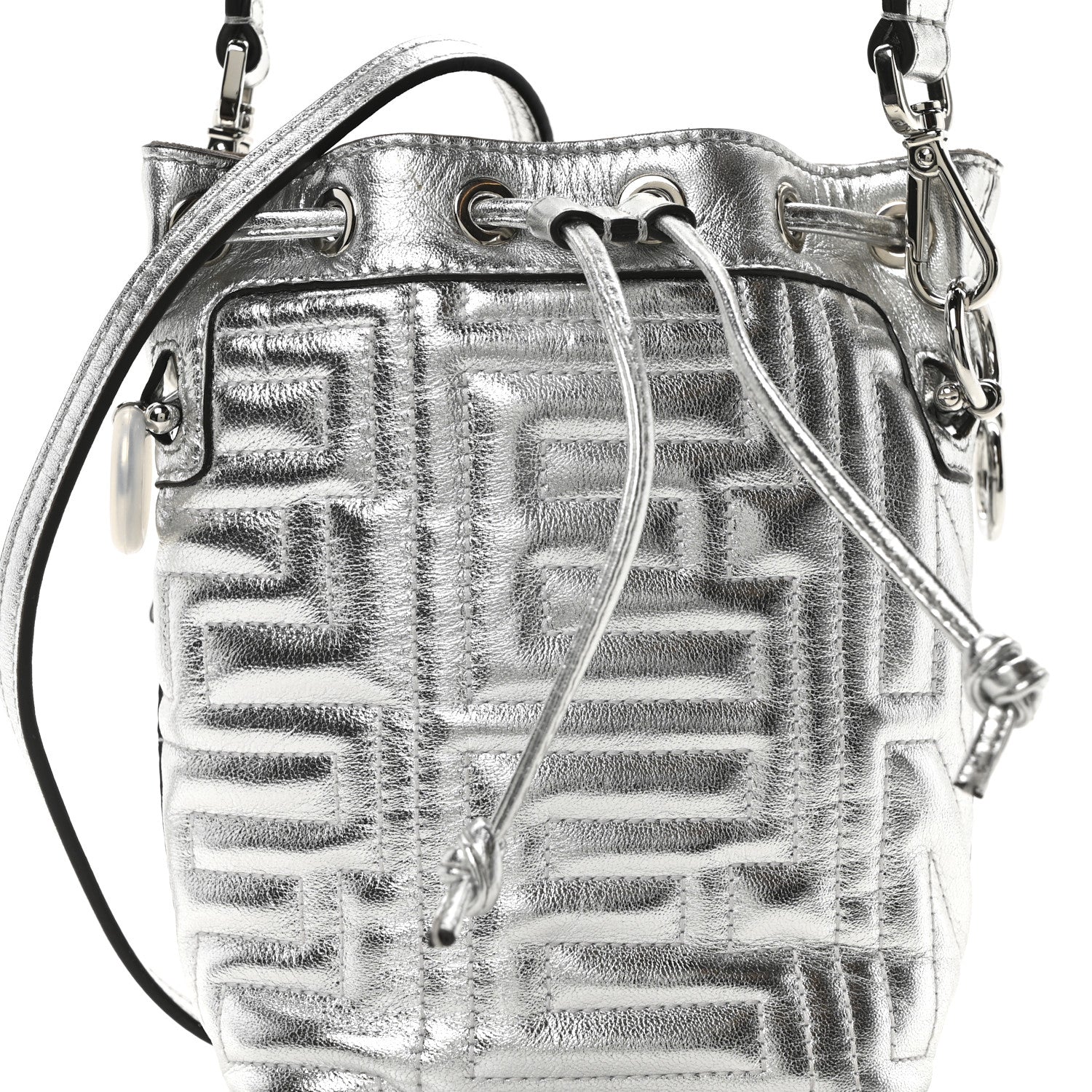 Fendi X MARC JACOBS Agnello Laminato Trapunta FF Mini Mon Tresor Bucket Bag Argento 8 of 10