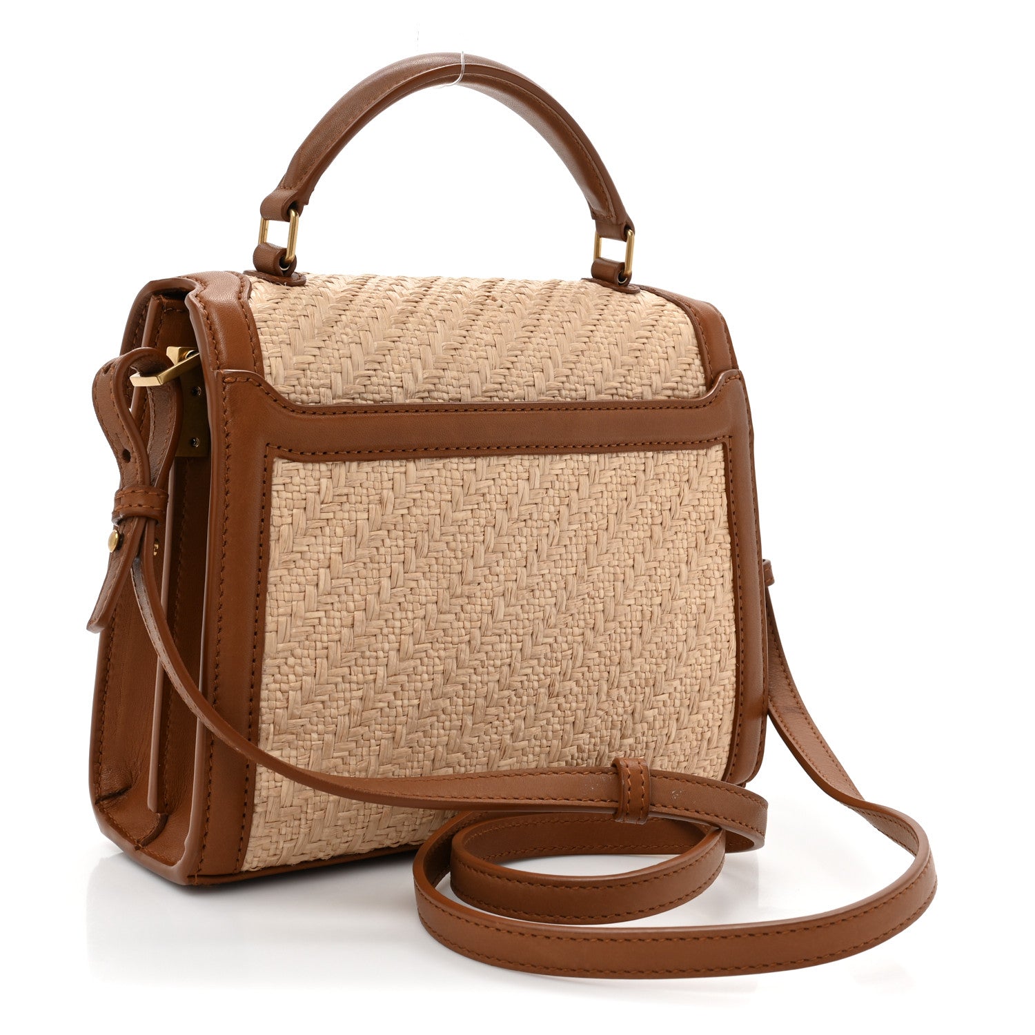 Saint Laurent Raffia Calfskin Mini Classic Monogram Cassandra Top Handle Naturel Brick 3 of 14
