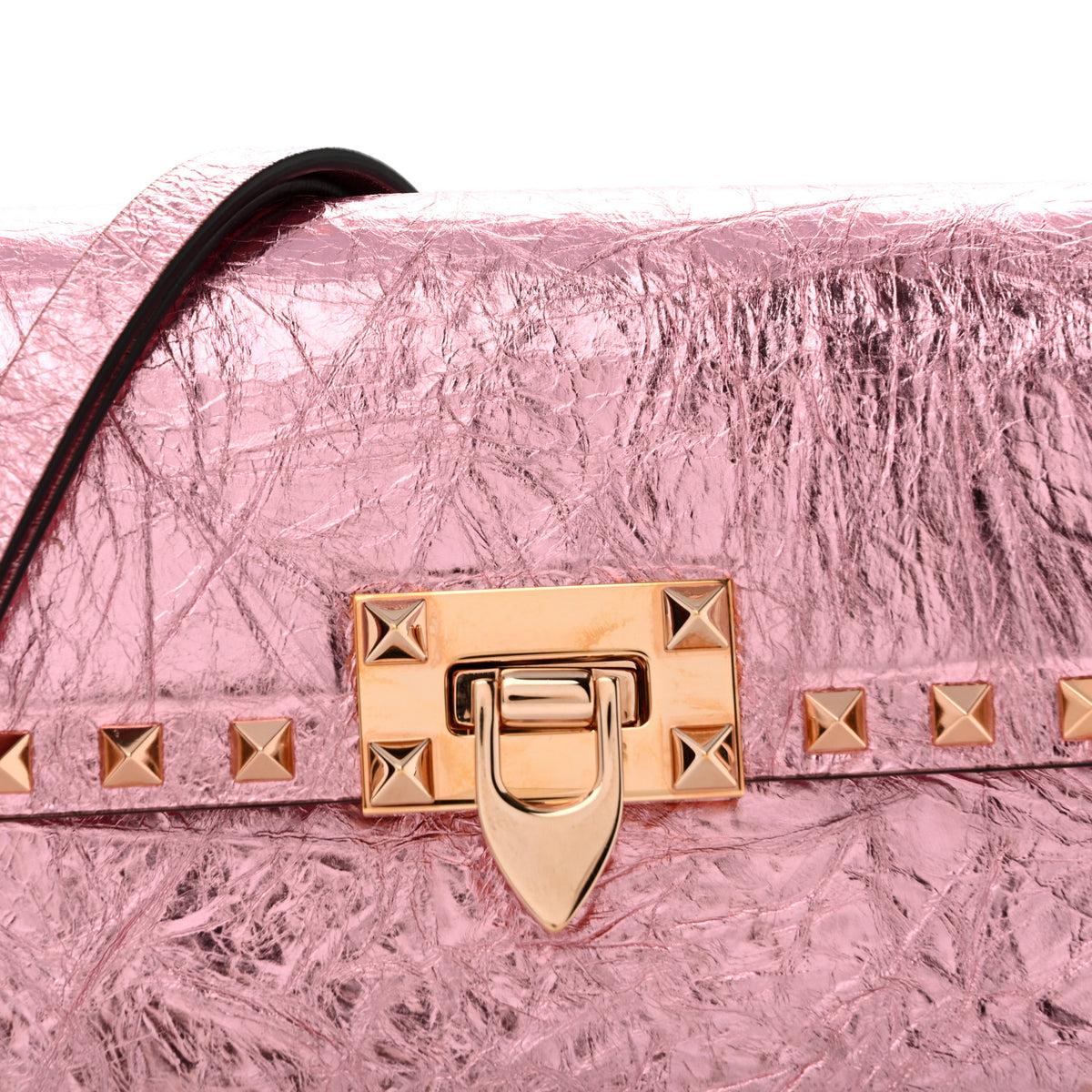 Metallic Crackle Effect Calfskin Rockstud Flip Lock Shoulder Bag Rose Cannelle