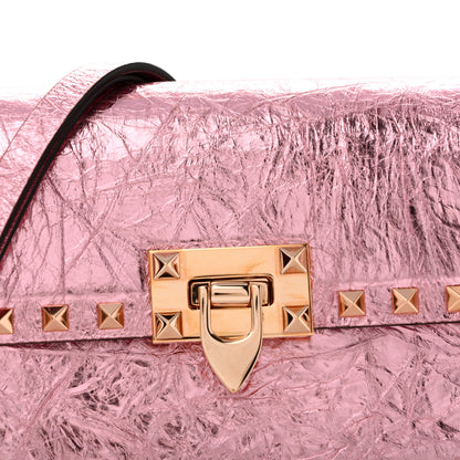 Valentino Garavani Metallic Crackle Effect Calfskin Rockstud Flip Lock Shoulder Bag Rose Cannelle 8 of 12