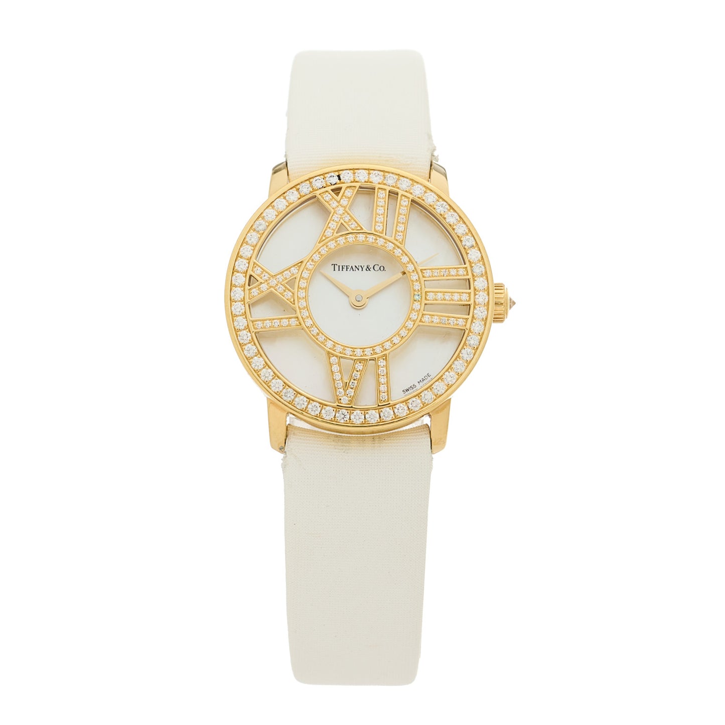 18K Yellow Gold Satin Diamond Mother of Pearl 26mm Atlas Round Cocktail Quartz Watch