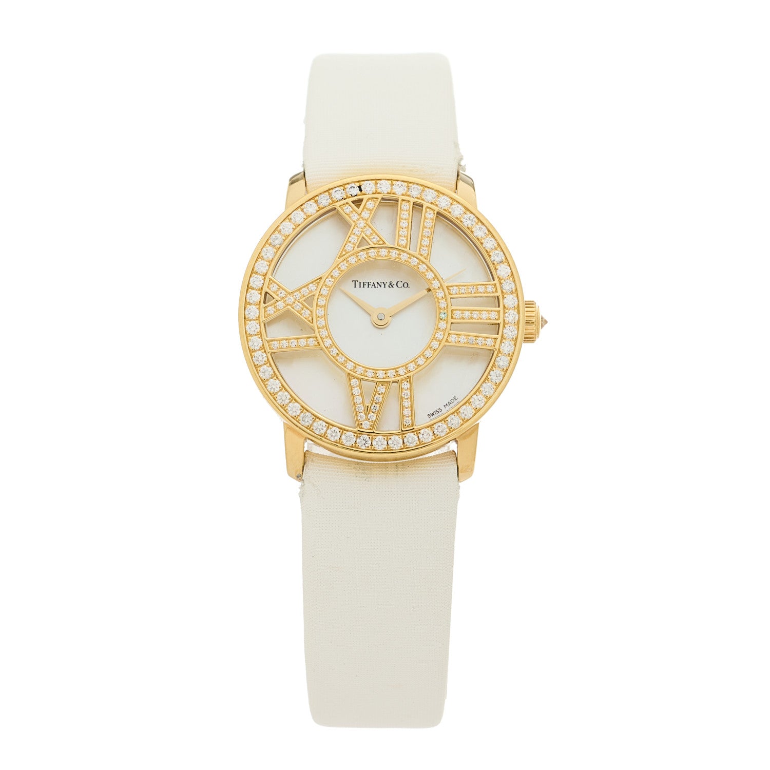 Tiffany 18K Yellow Gold Satin Diamond Mother of Pearl 26mm Atlas Round Cocktail Quartz Watch 1 of 4