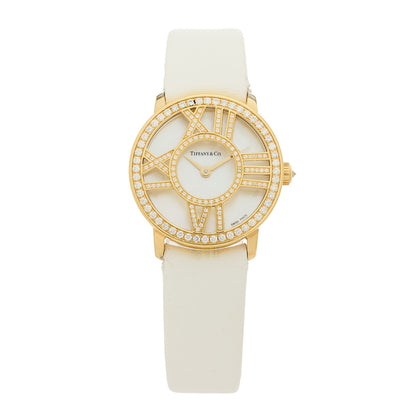 Tiffany 18K Yellow Gold Satin Diamond Mother of Pearl 26mm Atlas Round Cocktail Quartz Watch 1 of 4