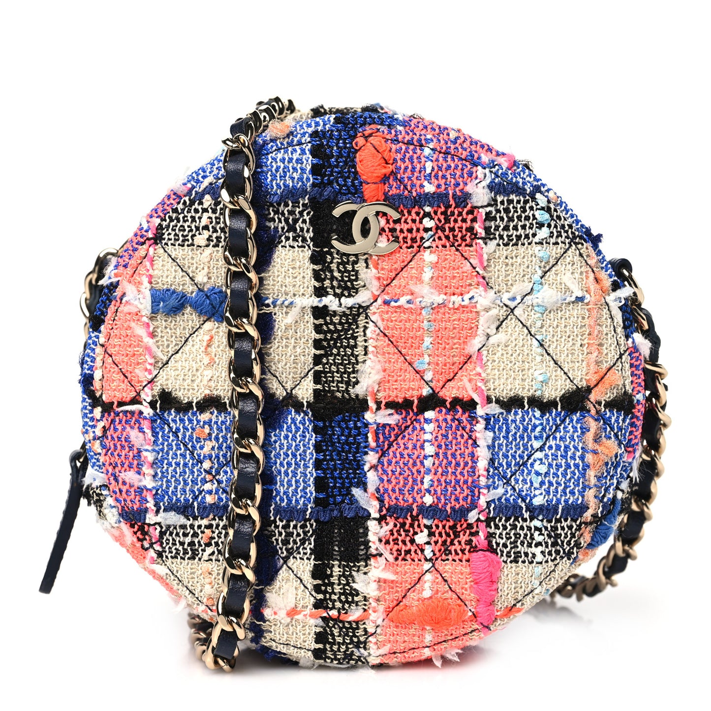 Tweed Quilted Round Clutch With Chain Blue Orange Multicolor