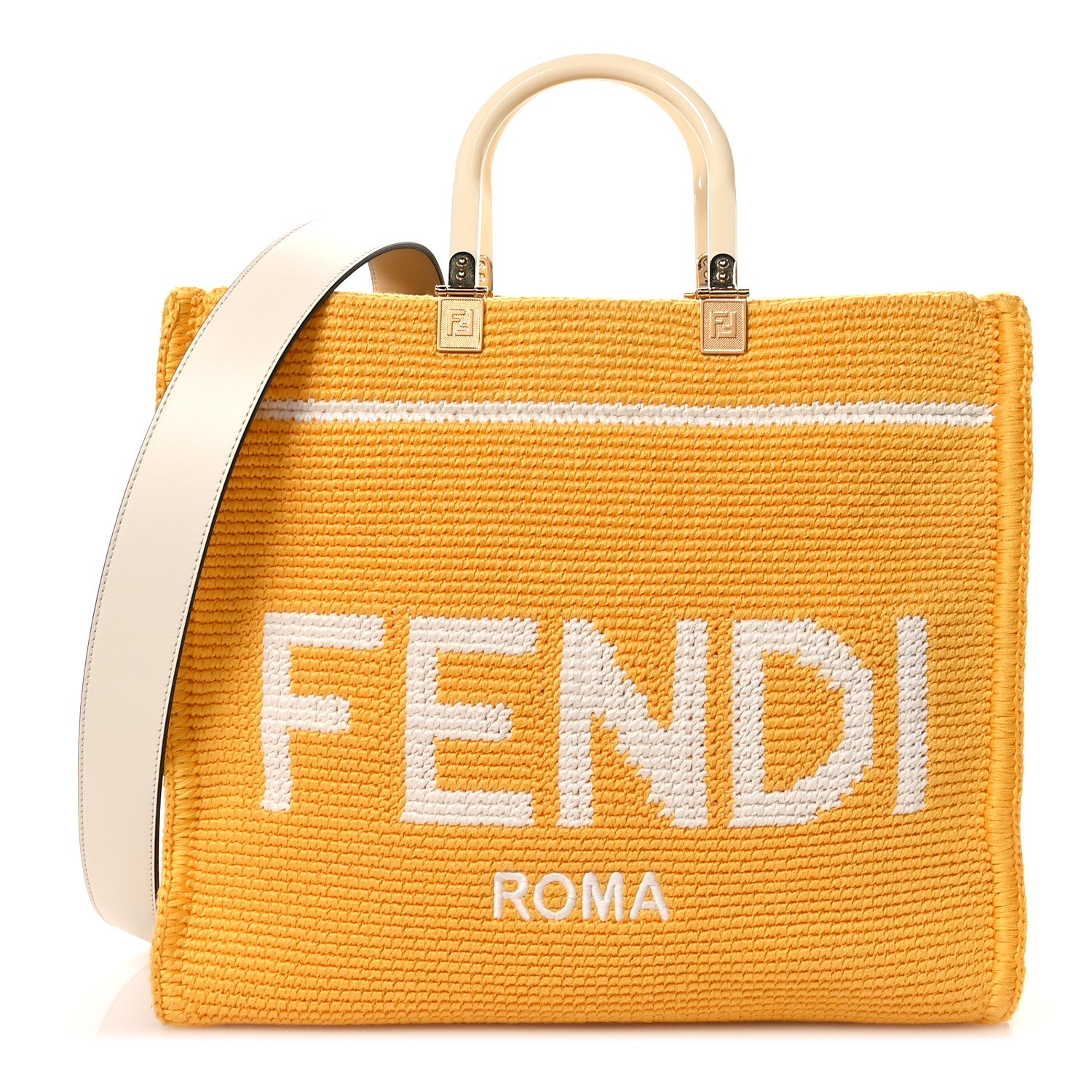 Fendi Crochet Vitello King Logo Plexiglass Medium Fendi Sunshine Shopper Tote Mimosa Panna 1 of 10